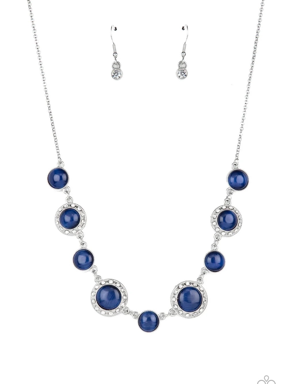 paparazzi Silver-Tone Navy Blue Cabochon and Crystal Accent Necklace Set